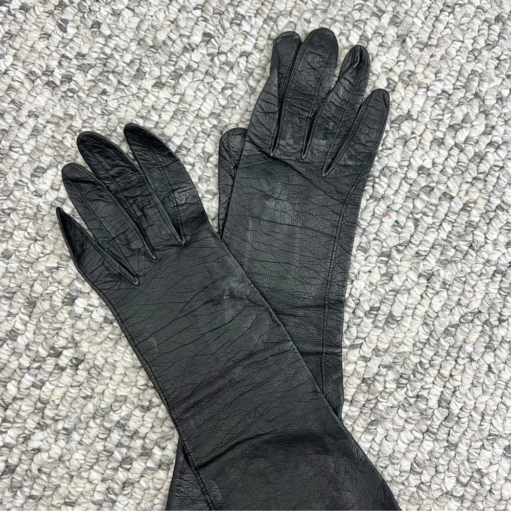 Vintage Made in France kid leather long black 13 inch gloves 6